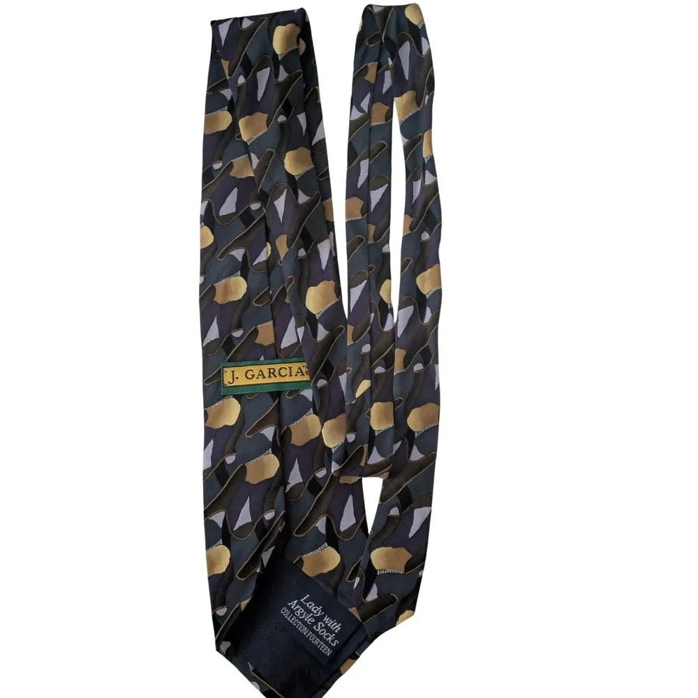 J. Garcia Silk Tie Collection Lady with Argyle Socks Abstract Grey Purple Gold